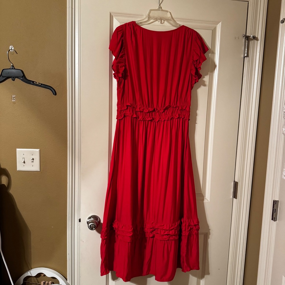 J. Jill Red Flutter Sleeve Ruffle Waist Tiered Midi Dress Womens Size Medium - Picture 7 of 8